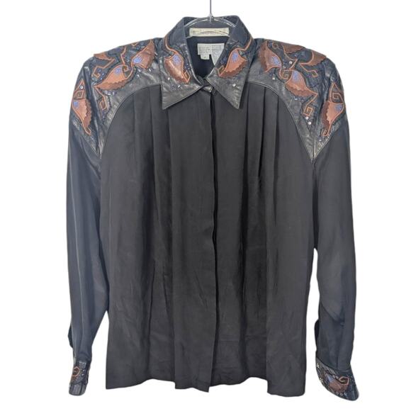 VTG Mercedes & Adrienne Black Silk Blouse Leather Stud Embellished Embroidered - Picture 1 of 12